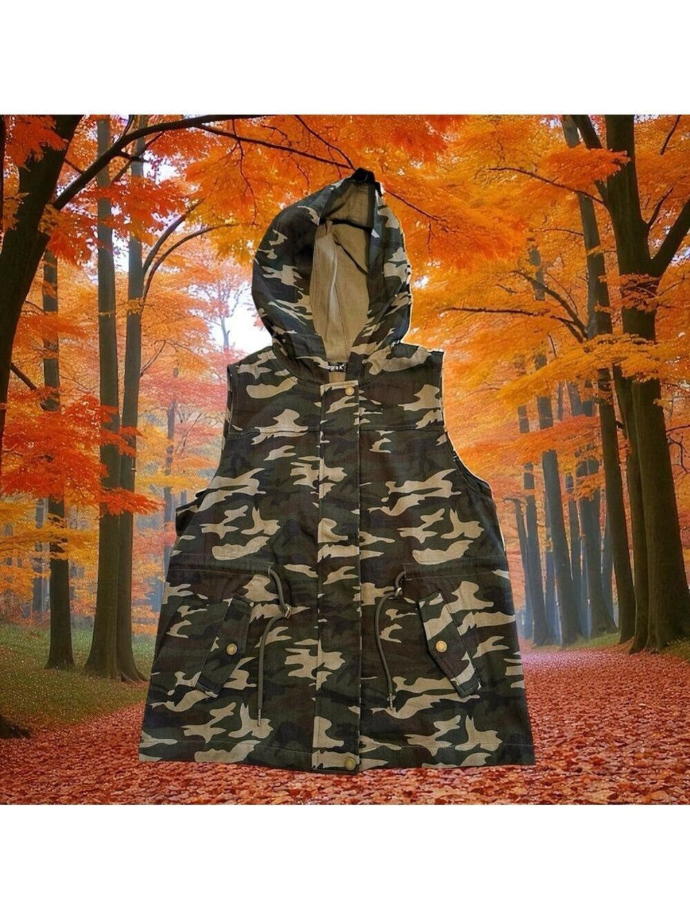 Camouflage Hunting Vest Hooded Jacket Women's Medium Drawstring Waist Sleeveless
